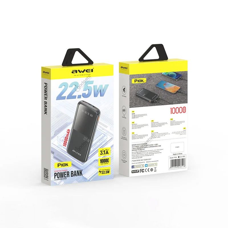 Awei-P10K-22.5w-Power-Bank---10000mAh-Box-1211 Awei P10K 10000mah 22.5W Fast Charging Digital Display Power Bank