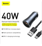 Baseus Golden Contactor Pro Dual Quick Charger Car Charger U+C 40W USB Type-C 5A 1.0m Cable Dark Gray