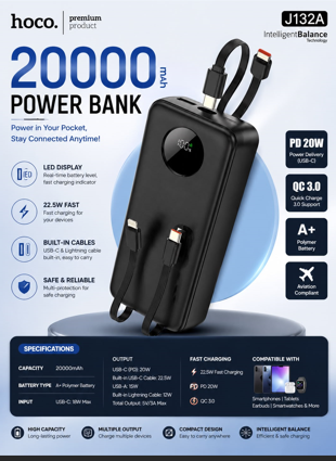 HOCO J132A 20000mAh Power Bank with Built-in Cables & 22.5W Fast Charging